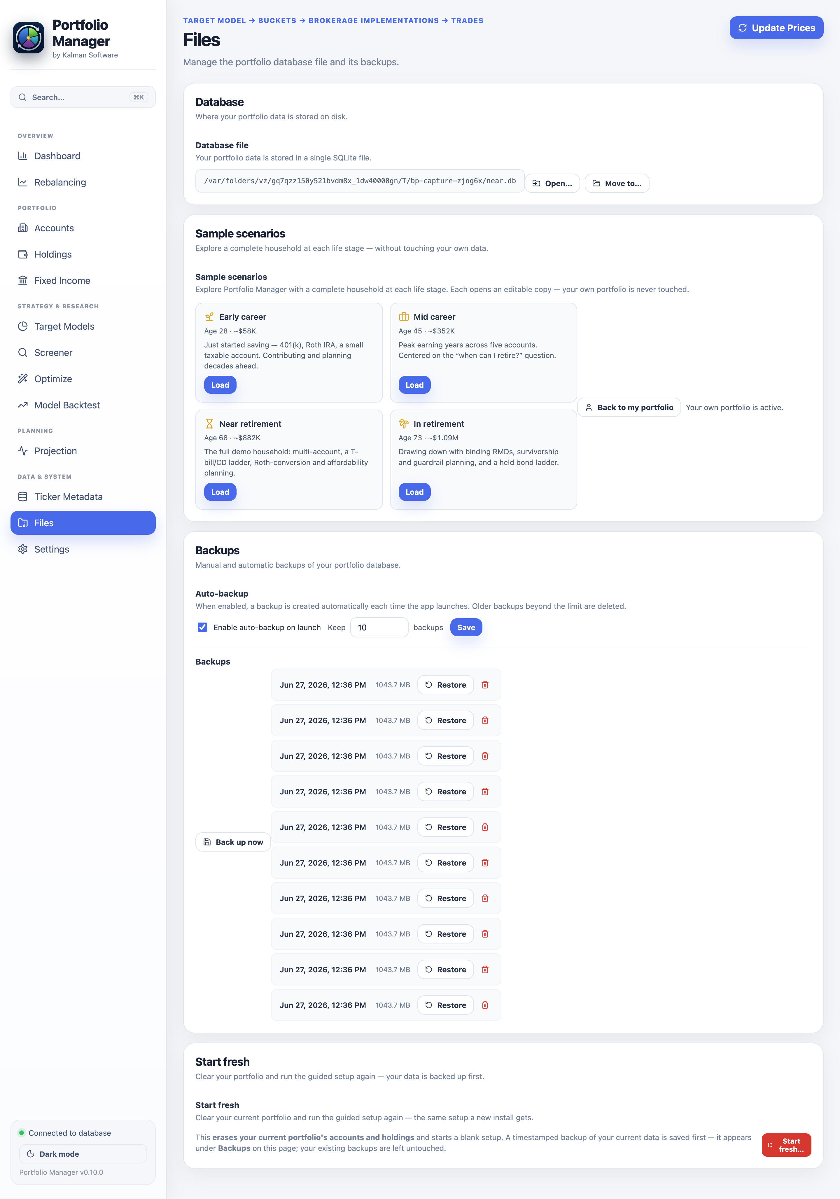 Files: the database location, automatic timestamped backups and the four life-stage sample picker