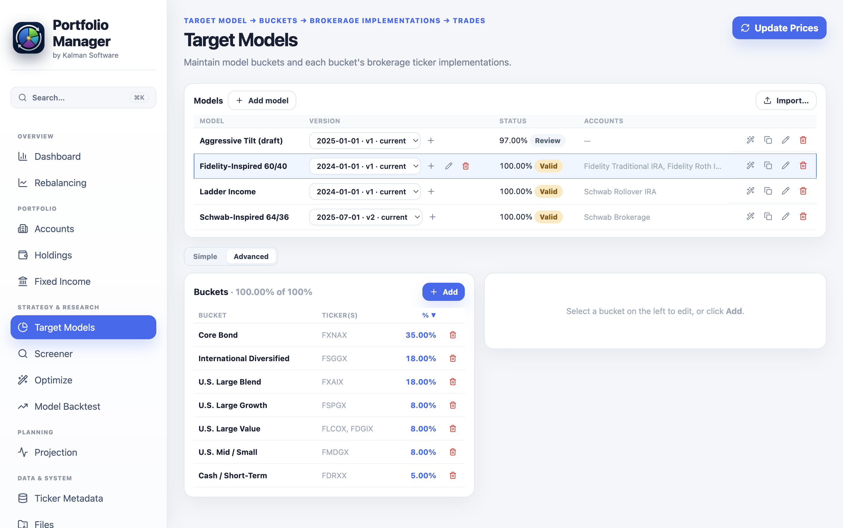 Target Models page: the Schwab-Inspired 64/36 model with effective-dated versions, a 100% Valid badge and its bucket breakdown