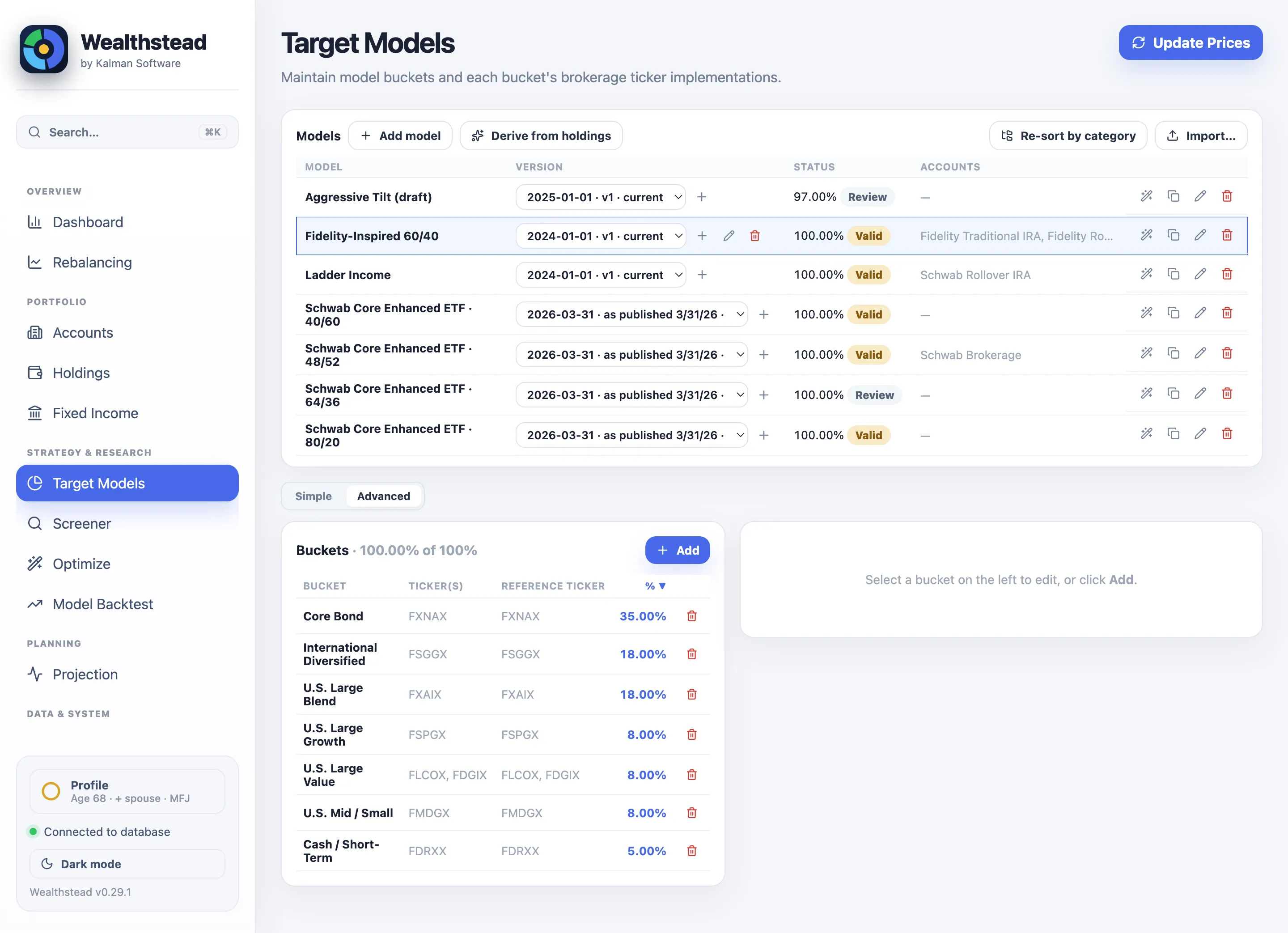 Target Models: a model with effective-dated versions, a 100% Valid badge and its bucket breakdown