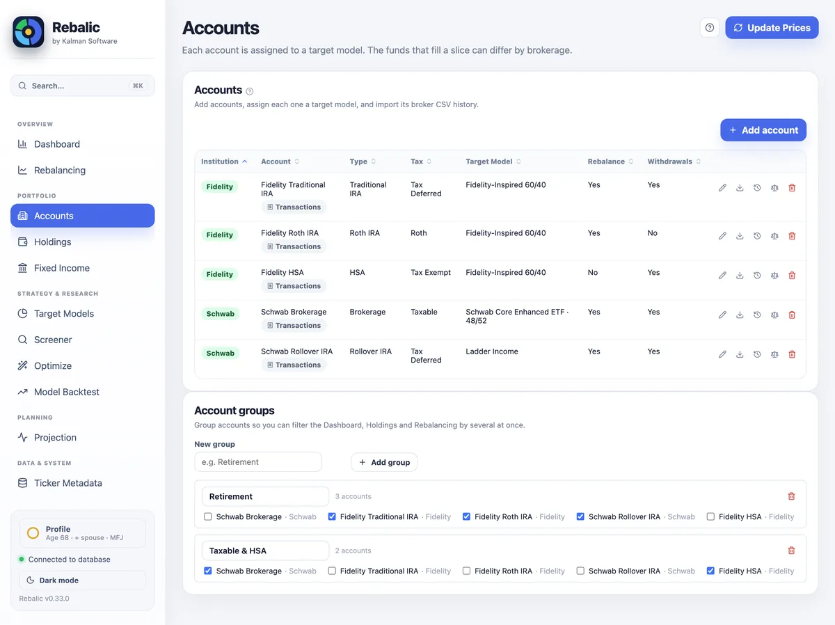 Accounts table: five accounts with institution, type, tax treatment, target-model assignment and per-account CSV import