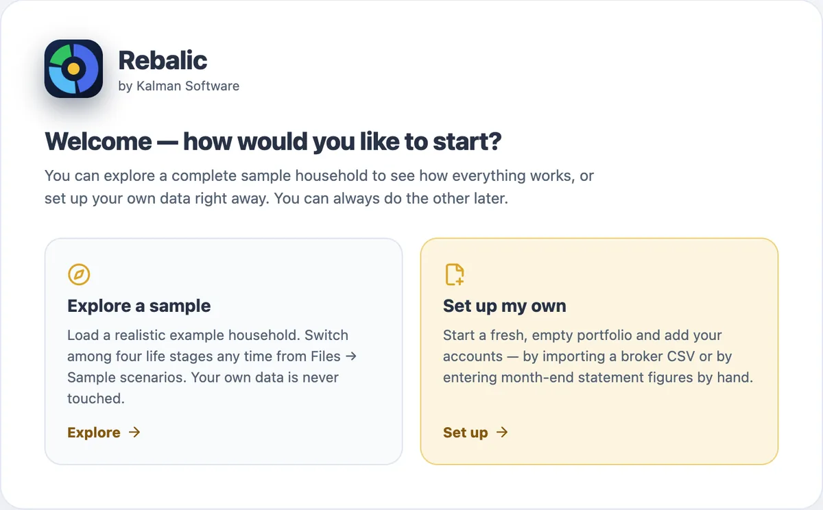 The first-run welcome screen with two choices: explore a complete sample household in seconds, or set up your own portfolio by importing a broker CSV or entering statement figures